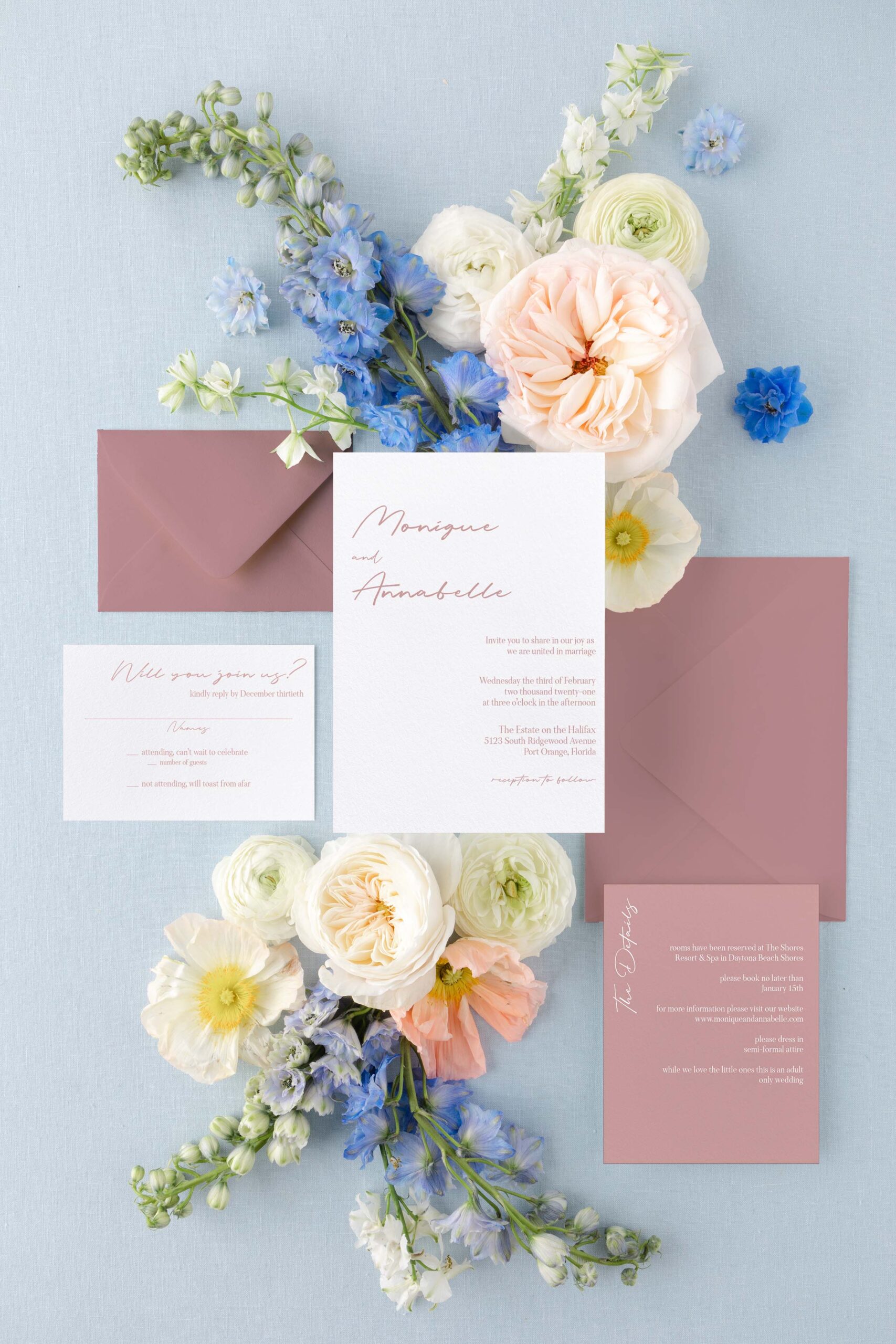 dusty pink minimal wedding invitation