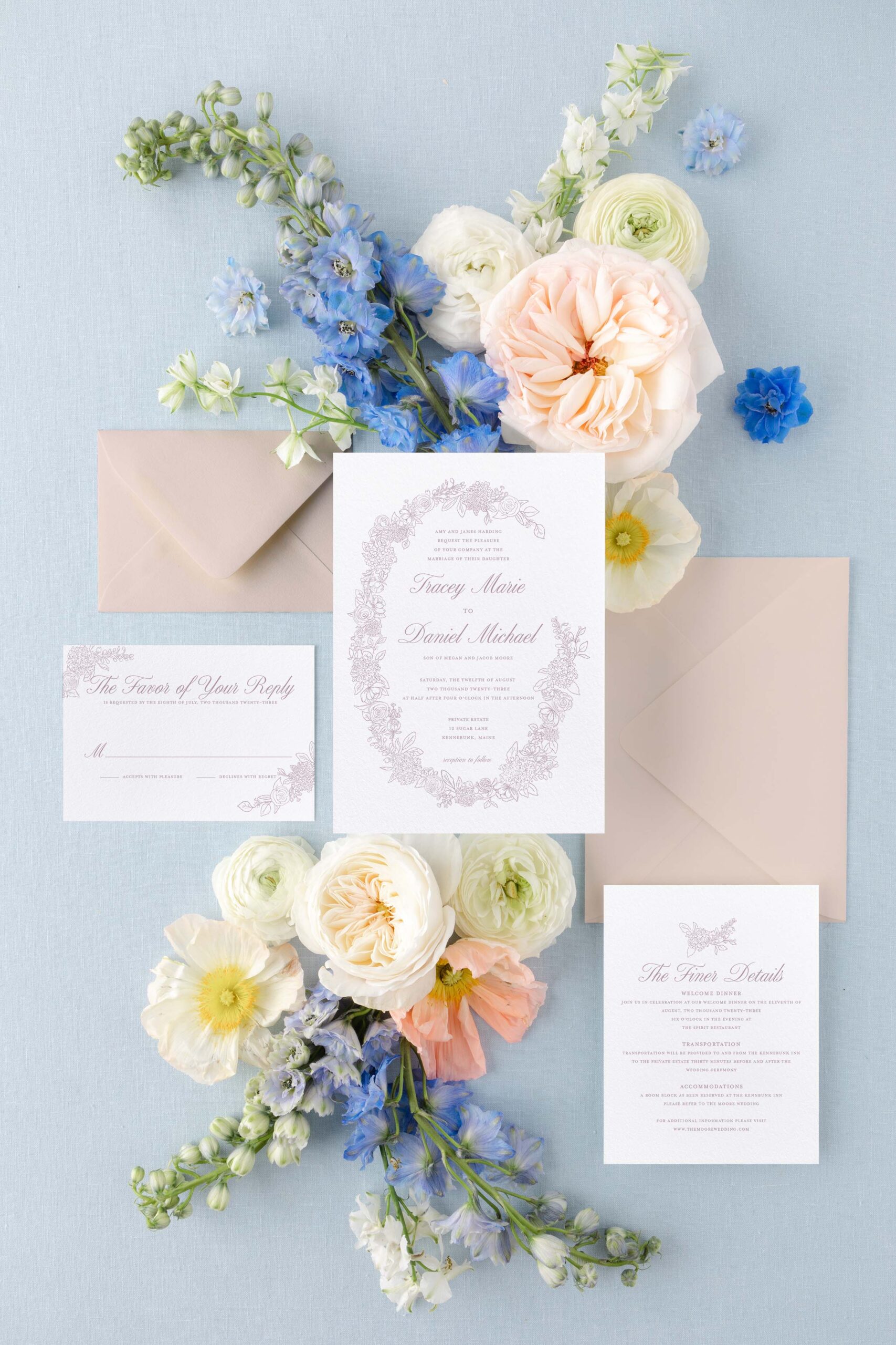 fine art floral wreath wedding invitation