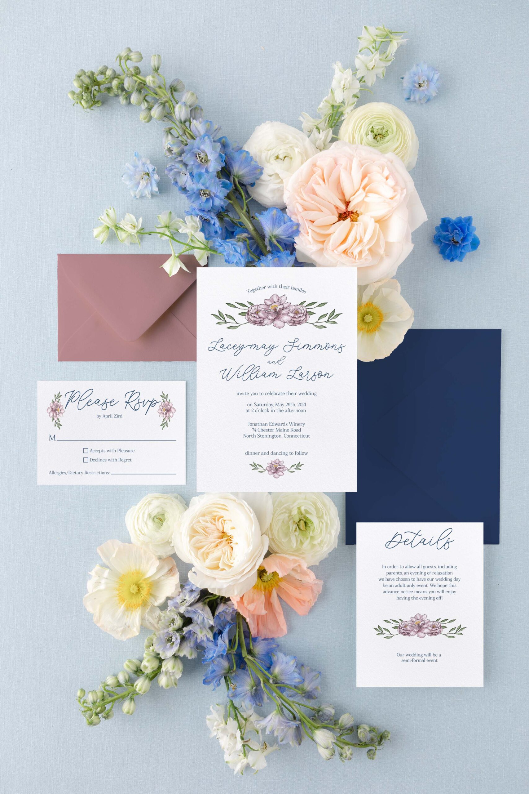 dusty rose and navy flower wedding invitation