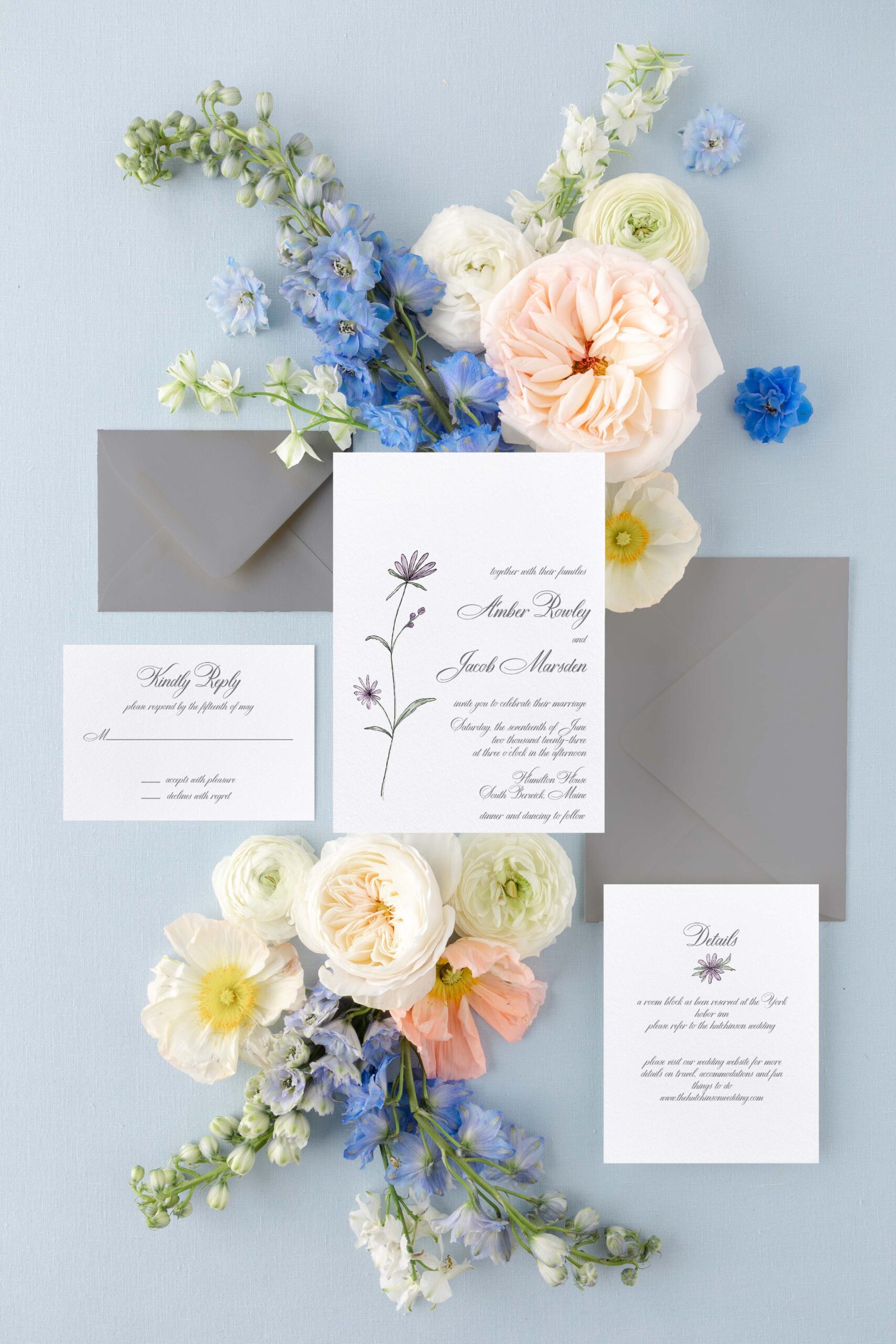 single sketchy watercolor flower wedding invitation purples and grey