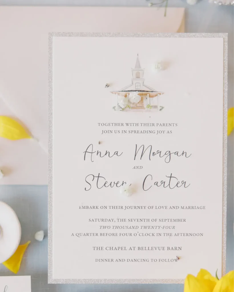 custom wedding stationery invitation with watercolor venue illustration of Bellevue Barn at Carlisle Place